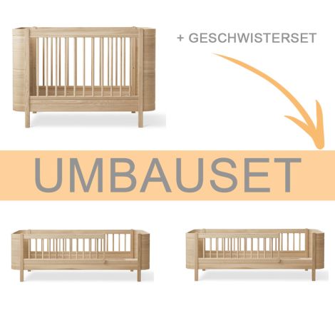 Oliver Furniture Umbauset Wood Mini+ Babybett inkl. Umbauset Juniorbett und Geschwisterset zu 2 Juniorbetten Eiche 