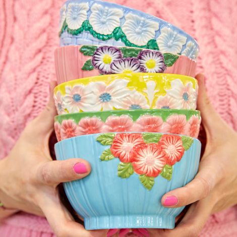 Rice Schüssel Keramik Embossed Pink Flower Design Sage Green 