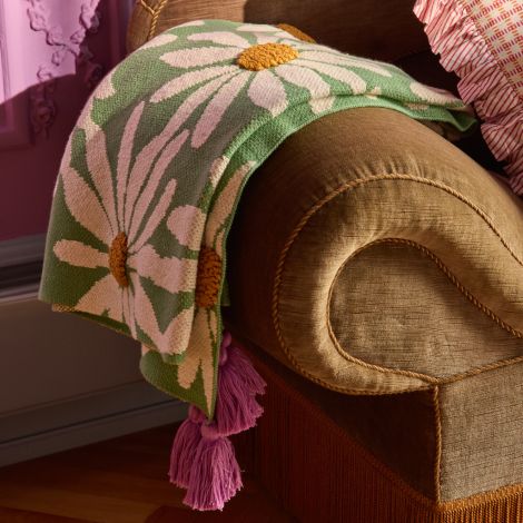 Rice Gestrickte Decke Green Embossed Flowers/ Purple Tassels 